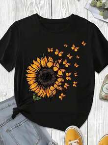 Camiseta con Estampado de Mariposas y Girasoles, Ropa Casual de Verano, Blusa Blanca de Moda para Mujer, para Primavera y Verano, Uso Diario y al Aire Libre - Negro - Ver 3