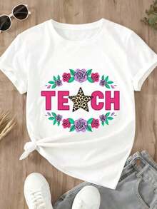 Patrón floral vintage con rosas rosas y moradas que rodean la palabra "Teach" en letras rosas y una estrella con estampado de leopardo en el centro. - Blanco - Ver 3