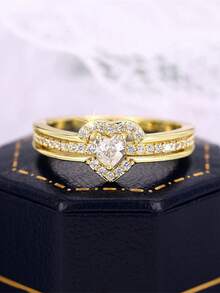 1pc Fashion Heart-Shaped Synthetic Cubic Zirconia Ring, Eternal Love Symbol, Suitable For Daily Wear, Valentine's Day Gift, Wedding And Party Jewelry Designed Specifically For Women - golden - View 15