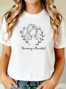 Talla - Talla - Becoming Is Beautiful Graphic Print Camiseta de Talla para Mujer, Camiseta Casual de Manga Corta y Cuello Redondo para Verano y Primavera, Ropa de Mujer - Blanco - Ver 1