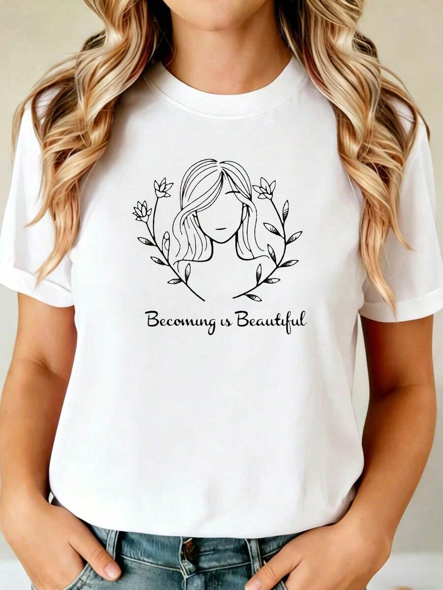 Talla - Talla - Becoming Is Beautiful Graphic Print Camiseta de Talla para Mujer, Camiseta Casual de Manga Corta y Cuello Redondo para Verano y Primavera, Ropa de Mujer - Blanco - Ver 1
