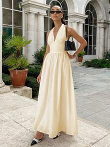 Vestido largo algodón cuello V con lazos, cintura marcada estilo moda primavera verano - Albaricoque - Ver 2