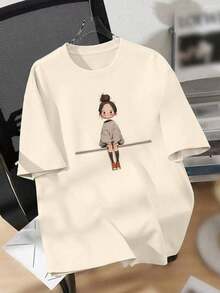 Plus Size Casual T-Shirt With A Print Of A Smiling, Healing Girl - Beis - View 1