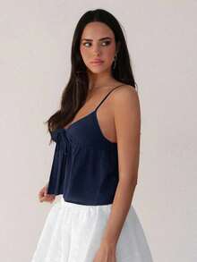 Camiseta de tirantes con volantes y lazo delantero de unicolor para mujer - Azul marino - Ver 6