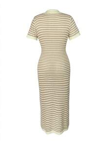 Vestido elegante de manga larga con cuello polo, ajuste delgado, a rayas con contraste de color, elegante y juvenil, para el verano - Multicolor - Ver 7