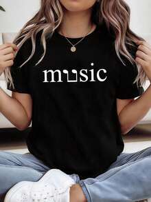 [Special Offer For Festivals] Women's Music Festival Print Short-Sleeve T-Shirt With Round Neck, Ideal For Casual Shopping, Festival Gifts, Meeting With Friends, Music Parties And Holiday Wear. - 黑色 - 查看 7