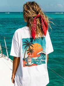 Camiseta de mujer estilo Y2K con hombros caídos, estampado vintage de palmeras, atardecer y café, manga corta, estilo retro de los 90, top casual holgado para vacaciones, camiseta con gráfico de playa y surf con efecto desgastado, ropa estética E-Girl, atuendo moderno estilo Y2K, tops casuales de verano para salir, perfecta para uso diario, regreso a clases, citas, vacaciones en la playa, viajes en yate, viajes, festivales de música, raves, fiestas, estilo urbano, club, para ir al trabajo, esencial para el verano de chicas modernas, camiseta casual para tallas grandes, ropa de moda para mujer, playera gráfica oversize para mujer, casual de verano. - Blanco - Ver 7