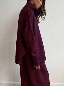 2 piezas Conjunto de suéter de manga larga de hombro caído con cuello alto sólido y pantalones anchos de punto para mujer, otoño/invierno - Burdeos - View 2
