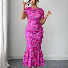 Elenzya Plus Size Women Floral Print Stretch Knit Bodycon Dress, Round Neck Short Sleeve Fitted Dress, Available In June - Multicolor - Ver 6