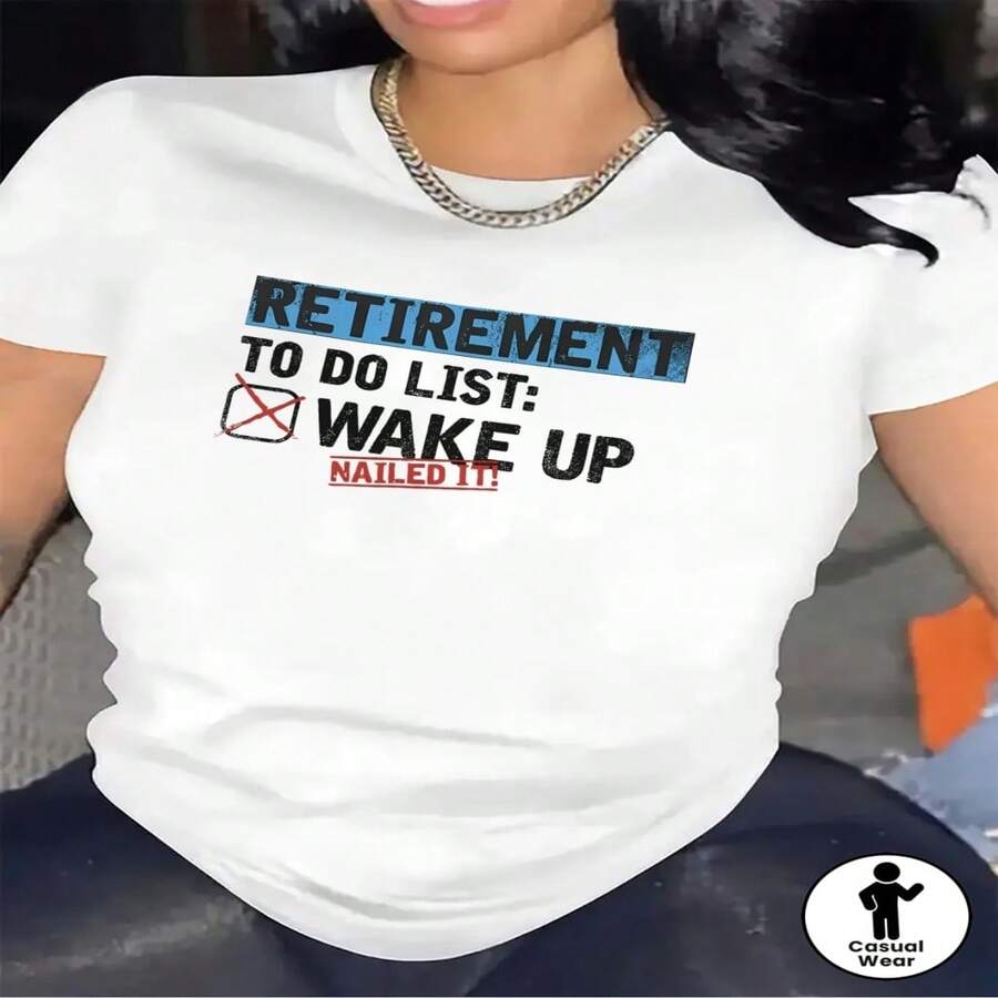 Women's Sexy Casual Cotton Round Neck Short Sleeve T-Shirt With Retirement To Do List Graphic - 白色 - 查看 1
