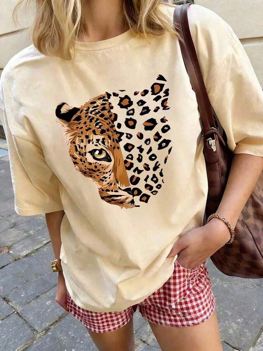 Suave Camiseta de mujer estampada de manga corta para verano, tela de poliéster, estilo multifuncional, corte regular, peso 200 gramos, 1 unidad, blusas para mujer elegante - Albaricoque - Ver 1
