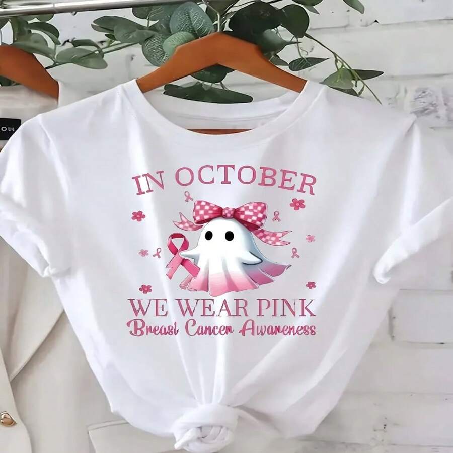 Women's White Cotton Short Sleeve Round Neck T-Shirt In October We Wear Pink Breast Cancer Awareness Casual Style - Blanco - Ver 1