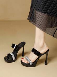 Qiluyuan Sandalias deslizantes de moda para mujer, nuevas sandalias de verano de lujo francés con cristales, plataforma gruesa, tacón alto, punta abierta, adecuadas para fiestas y citas casuales - Negro - Ver 5