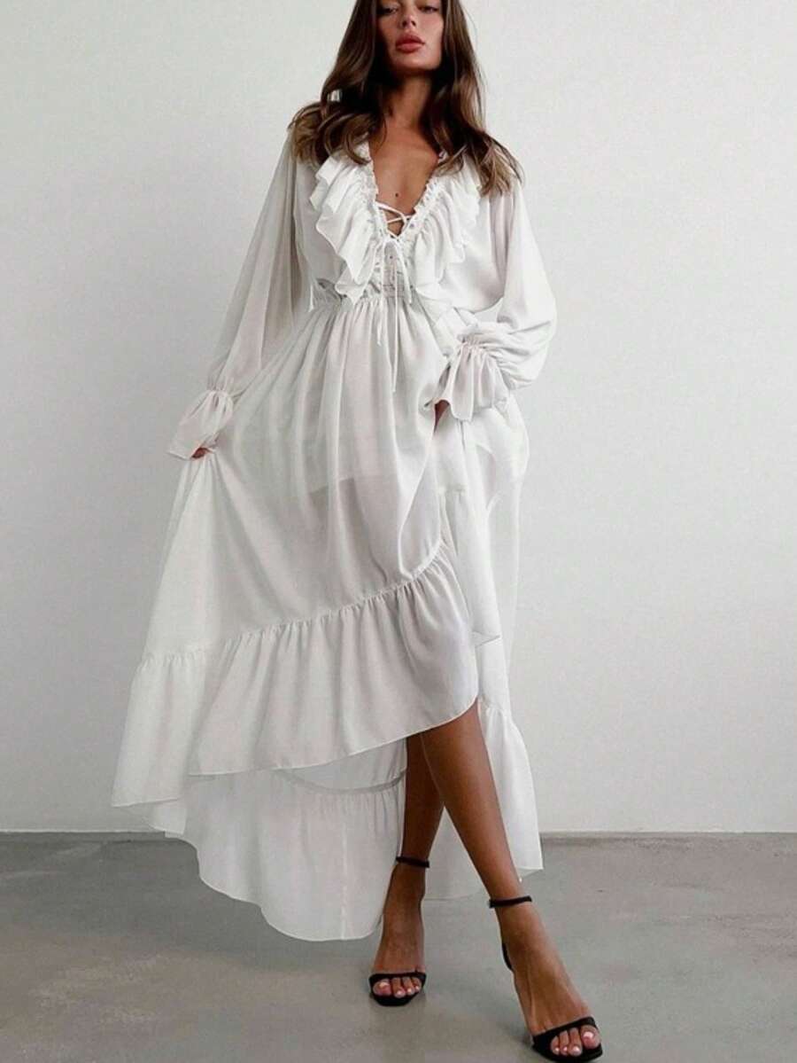 Vestido blanco gasa 2026, cuello V con cordón, manga acampanada, diseño asimétrico corte A largo casual - Blanco - Ver 1