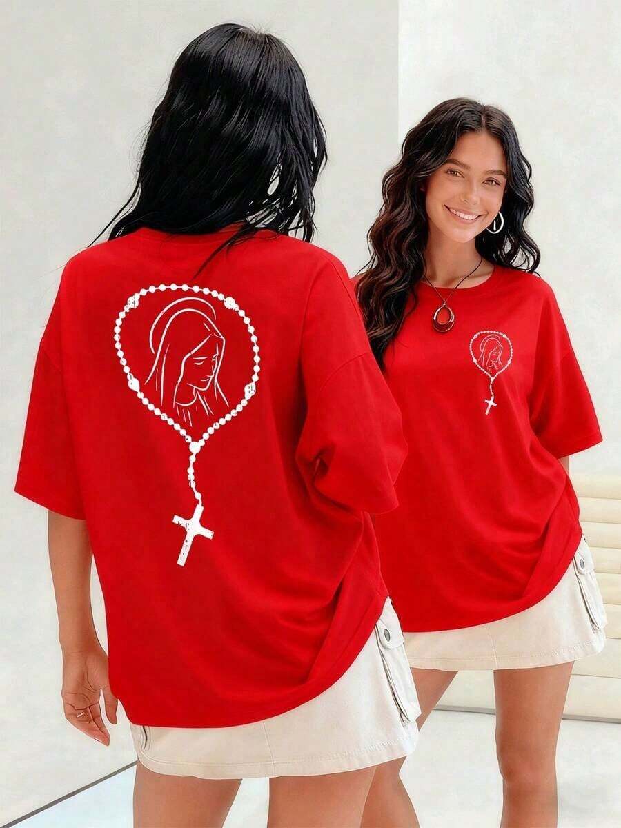 Women's T-Shirt With A Rosary Featuring The Virgin Mary, A Symbol Of Faith And Spiritual Devotion. This 100% Cotton T-Shirt Is A Perfect Gift For Those Seeking Inner Peace And Divine Connection. Comfortable And Lightweight. - 紅色的 - 查看 1