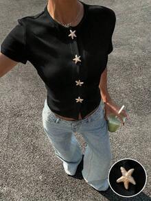 Camiseta ajustada de punto casual de cuello redondo y manga corta para mujer en color albaricoque - Negro - Ver 4