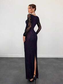 Vestido negro ajustado hasta el suelo con cuello corsé ahuecado y mangas largas con encaje en forma de S sexy para mujer para fiestas, citas y banquetes de otoño/invierno nuevo - Multicolor - Ver 2