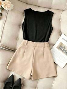 1 conjunto de top sin mangas de cuello en V ajustado de color marrón con falda pantalón de oficina de color albaricoque para mujer - Negro - Ver 2