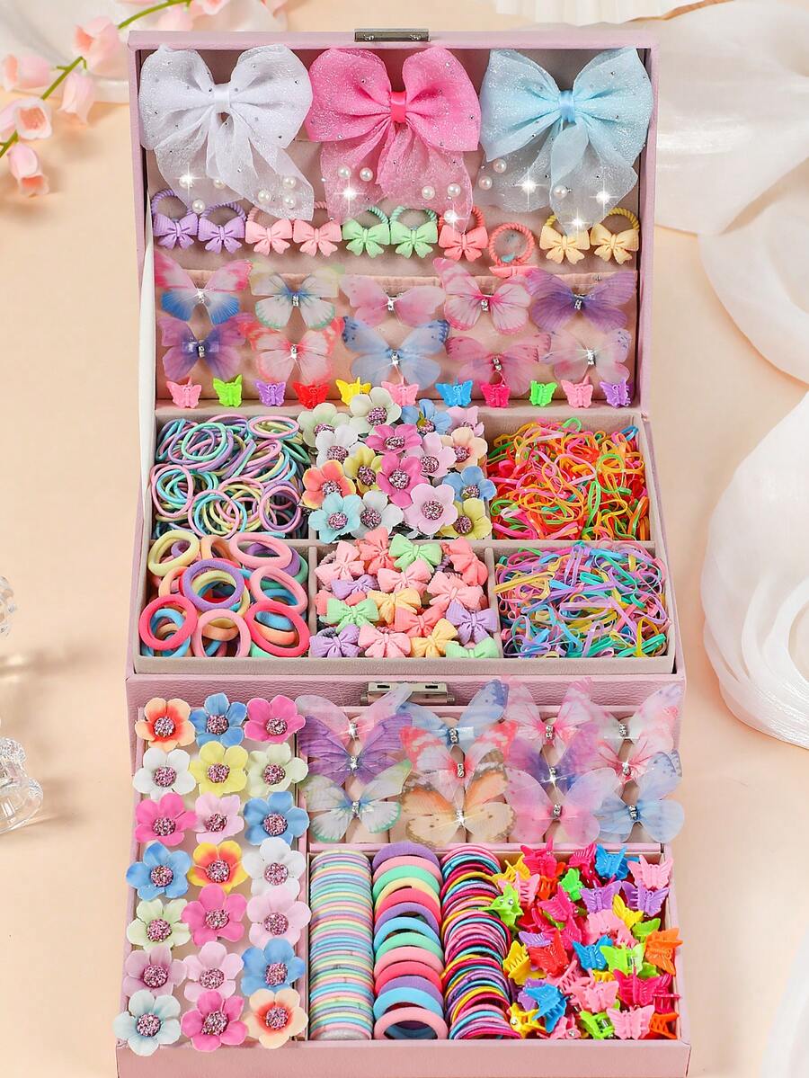 794件彩色珍珠水鑽蝴蝶花朵蝴蝶結髮圈、女孩瀏海夾、極簡側髮夾、溫和不傷髮、適合日常使用、馬尾髮圈、髮夾 - 彩色 - 查看 1