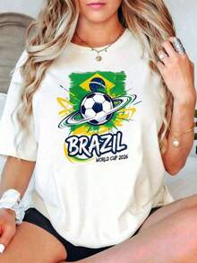Impresión de letras eleganteCasual Style Women's T-Shirt Brazil World Cup 2026 Soccer Ball And Flag Design Summer Wear For Football Fans Gift For Spor Lovers,ropa de mujer holgada,un imprescindible para las vacaciones,disfraces y accesorios de Halloween,Camisetas de apoyo al Mundial,Conjuntos a juego para padres e hijos, camisetas para hombre, camisetas para mujer, camisetas para niños - Blanco - Ver 7