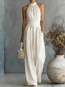 New Hit Jumpsuit For Women, Sleeveless, Halter Style, Loose And Wide Leg Cut, Fitted Waist, Flattering Design, Elegant, Perfect For Daytime Looks, Walks And Casual Occasions - 白色 - 查看 8