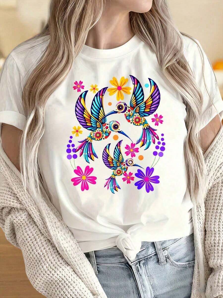 Women's Casual T-Shirt With Round Neck And Short Sleeves, Colorful Hummingbird And Flower Print Design, Black T-Shirt For Women, Boho Style, Graphic T-Shirt, Fashionable Summer Clothing, Suitable For Christmas Parties, Sports Activities, Holiday Parties, Outings, Sports And Other Festive Gifts (220g). - 白色 - 查看 1