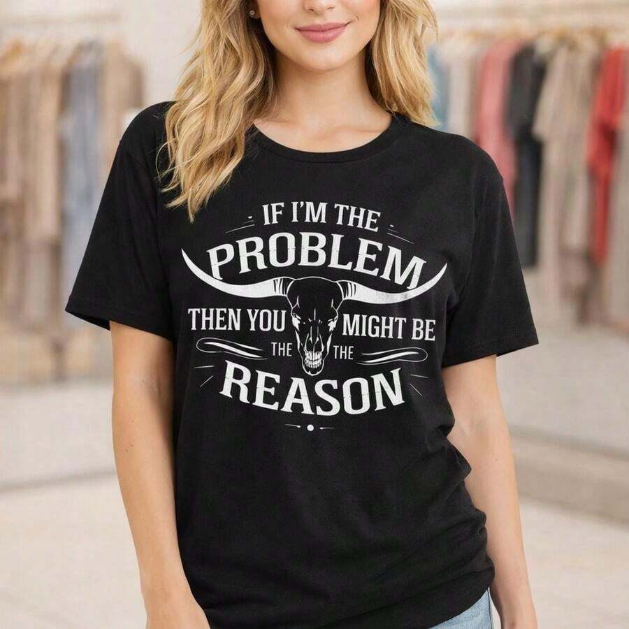 Women's Plus Size Cotton T-Shirt, M-5XL, Graphic Print "If I'm The Problem, Then You Could Be The Reason", Short Sleeve, Casual Loose Fit, Crew Neck, Soft And Comfortable T-Shirt For Everyday Wear, Black - 黑色 - 查看 1