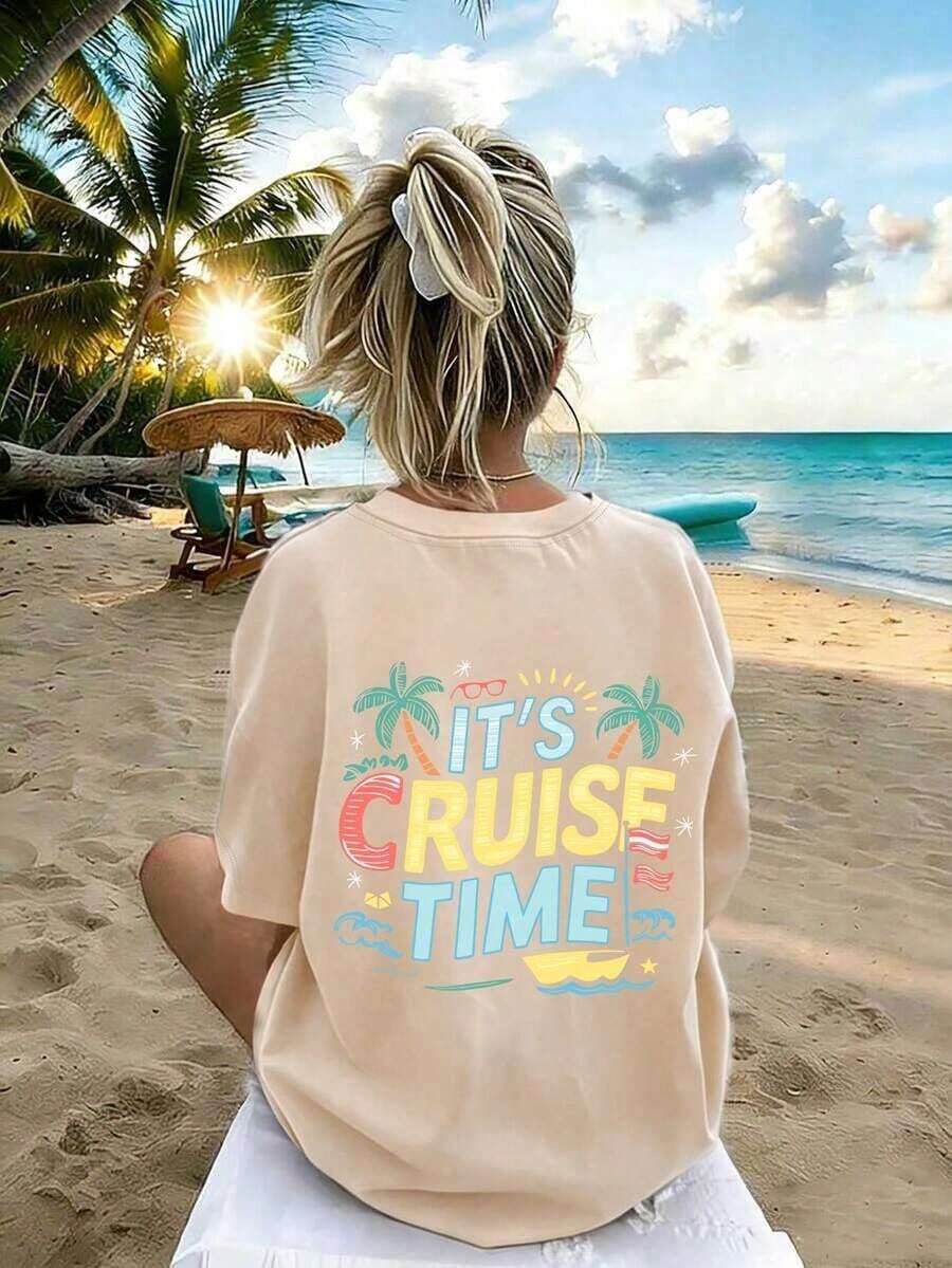 Camiseta Blanca Mujer con Estampado de Playa, Estilo Casual - Negro - Ver 1