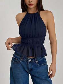 Top de tirantes sin espalda con cuello de halter y cintura anudada plisada para mujer - Azul marino - Ver 6