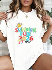 Summer Fun 2026 Graphic T-Shirt, 100% Cotton Beach Vacation Tee, Casual Crewneck Top for Summer Outings, Pool Parties & Family Trips - Blanco - Ver 2