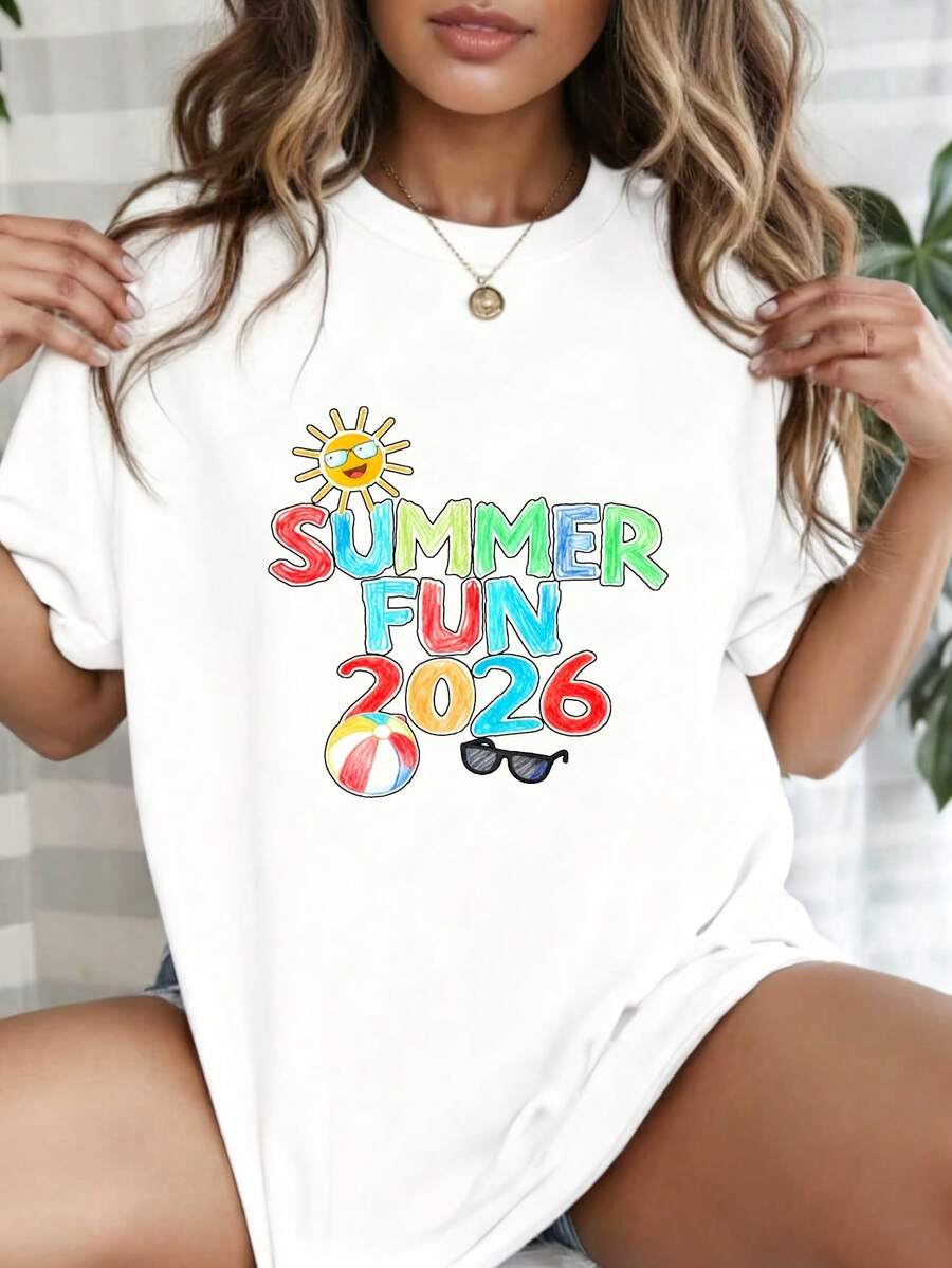 Summer Fun 2026 Graphic T-Shirt, 100% Cotton Beach Vacation Tee, Casual Crewneck Top for Summer Outings, Pool Parties & Family Trips