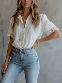 Blusa elegante de mujer con unicolor, bordado y parches de encaje, versátil para el hogar, uso diario y todas las estaciones, rosa de verano - Blanco - Ver 4