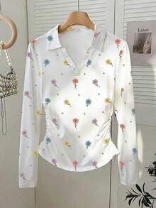 Camiseta blanca de manga larga para mujer con estampado de cerezas rojas dulces, cuello polo, cintura ajustada.Perfecta para el otoño.Nuevo estilo, camiseta de moda.Regalo para vacaciones, regalo para hermanos, regalo para hermana, regalo para mamá, regalo para el Día de la Madre.Informal, minimalista, top con estilo. - Blanco 4 - Ver 3
