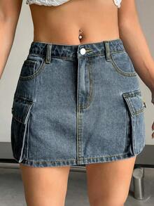 Falda vaquera de cargo de unicolor de verano para mujer - Azul - Ver 7