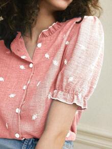 Camisa azul de mujer con cuello con volantes, mangas de pétalos y textura de tela suave, estilo francés casual de vacaciones, primavera/verano - Rosa Pálido - Ver 2