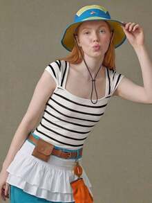 Camiseta de punto de rayas ajustada, estilo minimalista francés, top casual de manga corta, ideal para fiestas, primavera/verano - Blanco y Negro - Ver 3