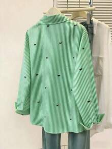 Camisa de manga larga con estampado a rayas y lazo, con botones delanteros, cuello de camisa, top casual, adecuado para primavera, otoño e invierno en color rosa - Verde - Ver 2