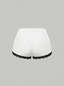 Conjunto de pijama casual de camiseta de tirantes acanalada y shorts con encaje - Blanco y Negro - Ver 5