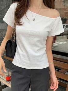 Camiseta básica de mujer de cuello redondo de unicolor de manga corta, blanca, para primavera/verano, de estilo casual de oficina - Blanco 2 - Ver 7