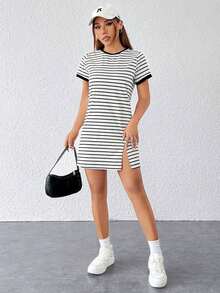 Vestido camiseta con bloqueo de color y estampado de rayas - Blanco - Ver 7