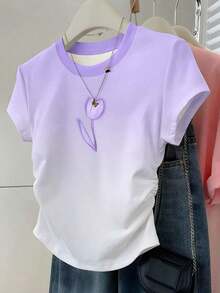 Camiseta ajustada de manga con volantes en degradado con estampado de corazón de fresa y letras, para uso casual, vacaciones y viajes, verano - Multicolor - Ver 6