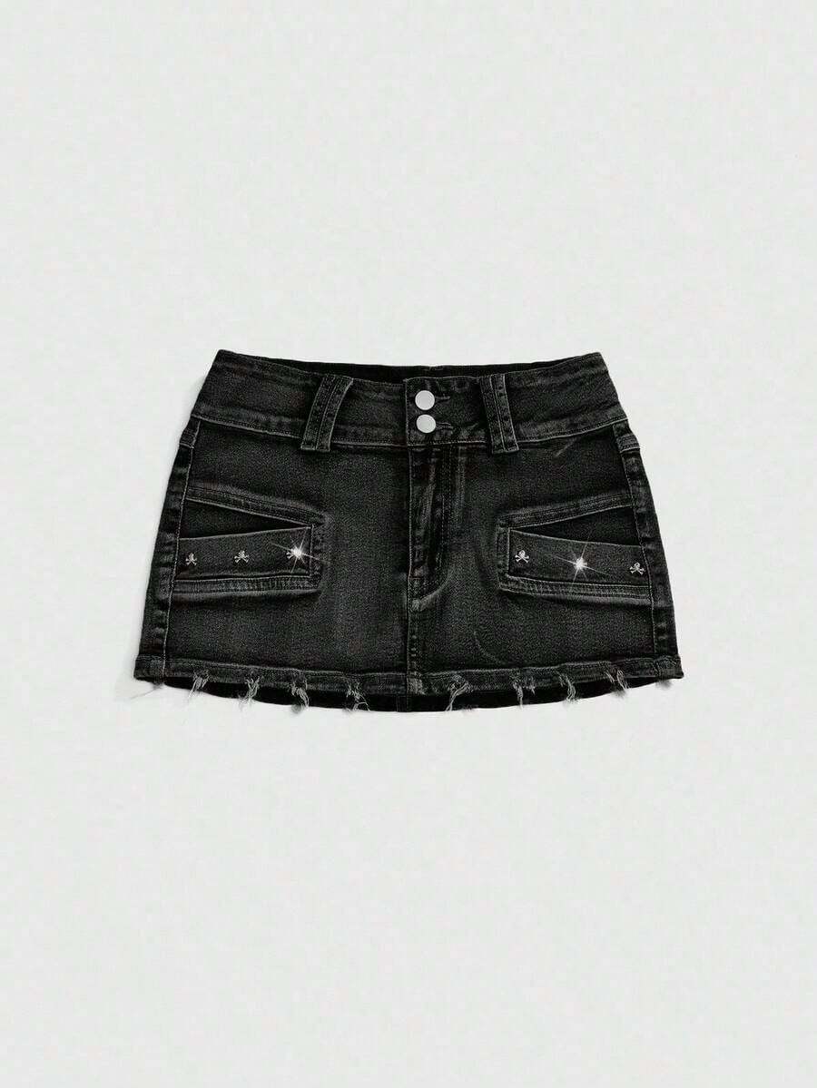 Grunge Punk Minifalda de mezclilla sexy de talle súper bajo con tachuelas y calavera vintage desgastada - Negro - Ver 1