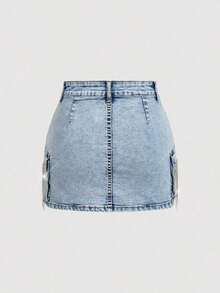 Minifalda casual cargo de mezclilla lavada para mujer - Azul 2 - Ver 2