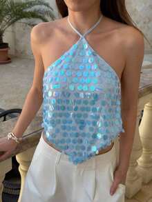 Top halter con espalda descubierta y lentejuelas sexy para mujer, atuendos de verano, ropa de verano, atuendos de playa para mujer, atuendos de vacaciones, atuendos bohemios tropicales de vacaciones para mujer, atuendos de concierto, atuendos de ra - Celeste - Ver 4
