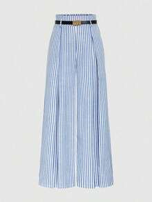 Pantalones de traje a rayas azul marino para mujer, de cintura alta, elegantes y de moda, con pliegues, cintura elástica, rectos y anchos, casuales, adecuados para primavera/otoño, uso diario y versátiles - Azul y blanco - Ver 8