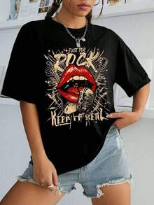 1pc Women's Vintage Rock Style Loose Fit Crew Neck T-Shirt With Lips And Microphone Print, Ideal For Spring/Summer Music Festivals 100% Cotton - 黑色 - 查看 4