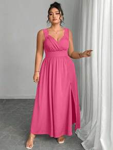 Elenzya Vestido línea A con cuello en V, contraste de encaje, tirantes finos y abertura para tallas grandes - Rosa Fucsia - Ver 3