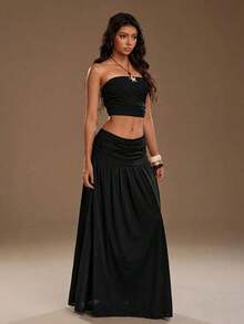Unity Conjunto de 2 piezas de top corto de bustier de malla de unicolor y falda larga para mujer - Negro - Ver 4