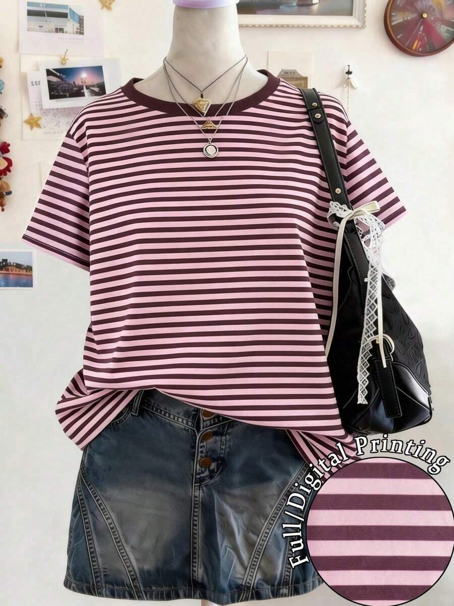 Camiseta de manga corta de cuello redondo con ribete a rayas, casual de verano para mujer - Multicolor 5 - Ver 1
