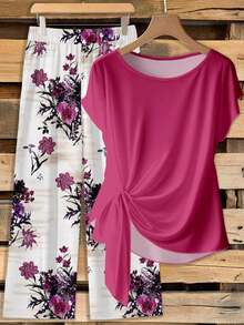 Conjunto de 2 piezas de blusa con lazo y pantalones rectos para mujer, informal - Multicolor 12 - Ver 1